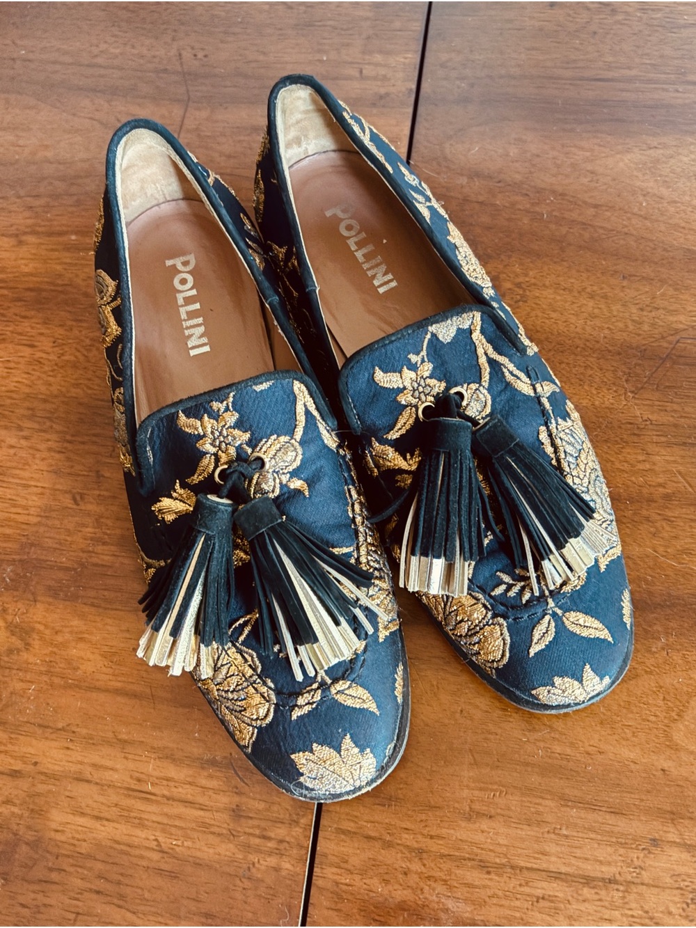 Pollini Navy and Gold Embroidered Tassel Loafers - Women